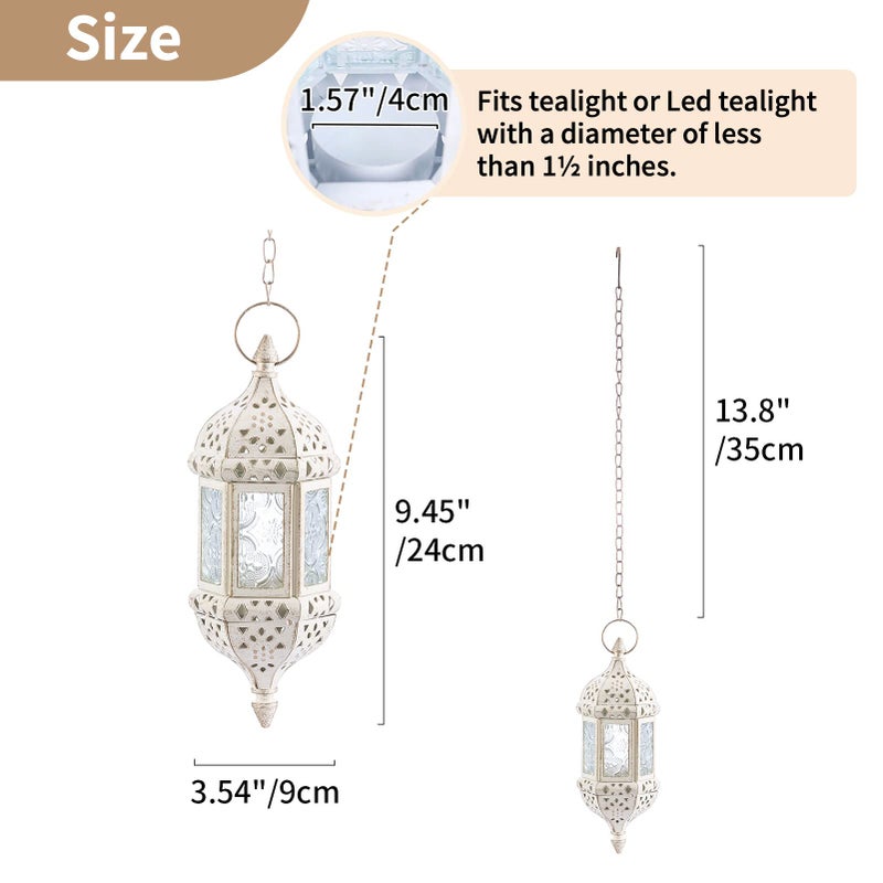 NUPTIO 2 Pcs Moroccan Lantern Metalwork Hanging Tealight Candle Holder Metal Glass Indoor Outdoor Battery Operated LED Flameless with 35cm Chain, White - Image 5